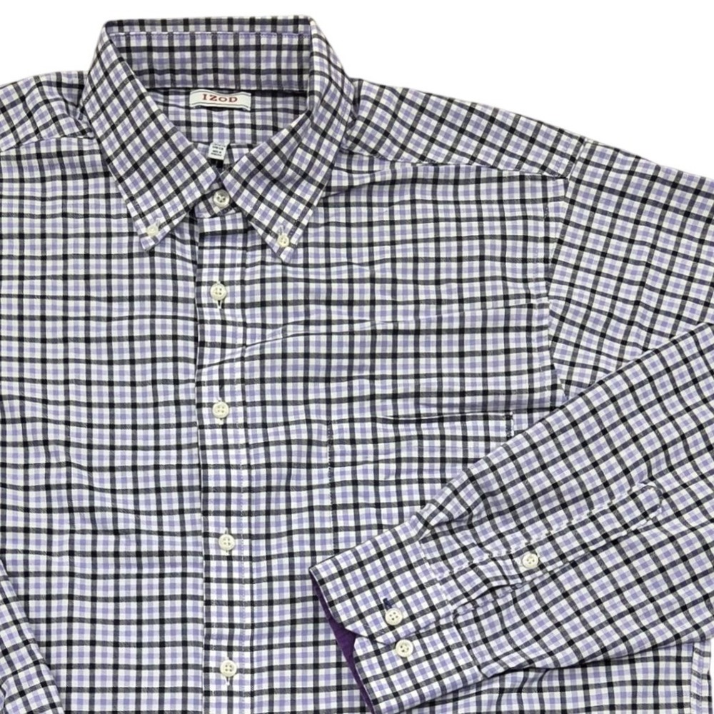 IZOD Regular Fit Fashion LS Dobby Dress Shirt Purple Check Mens 16 34/35 (Large)